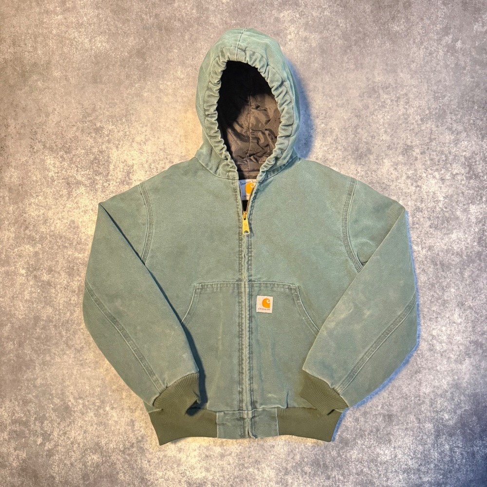 Vintage Carhartt Kids Distressed Duck Canvas Insulated Hooded Jacket HTG agreen